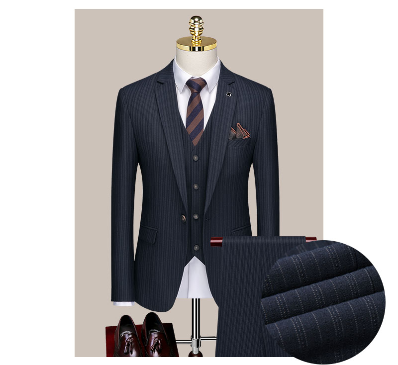 Striped Suit Men's Three Piece Suit Korean Version Slim Fitting Wedding Dress Business Professional 