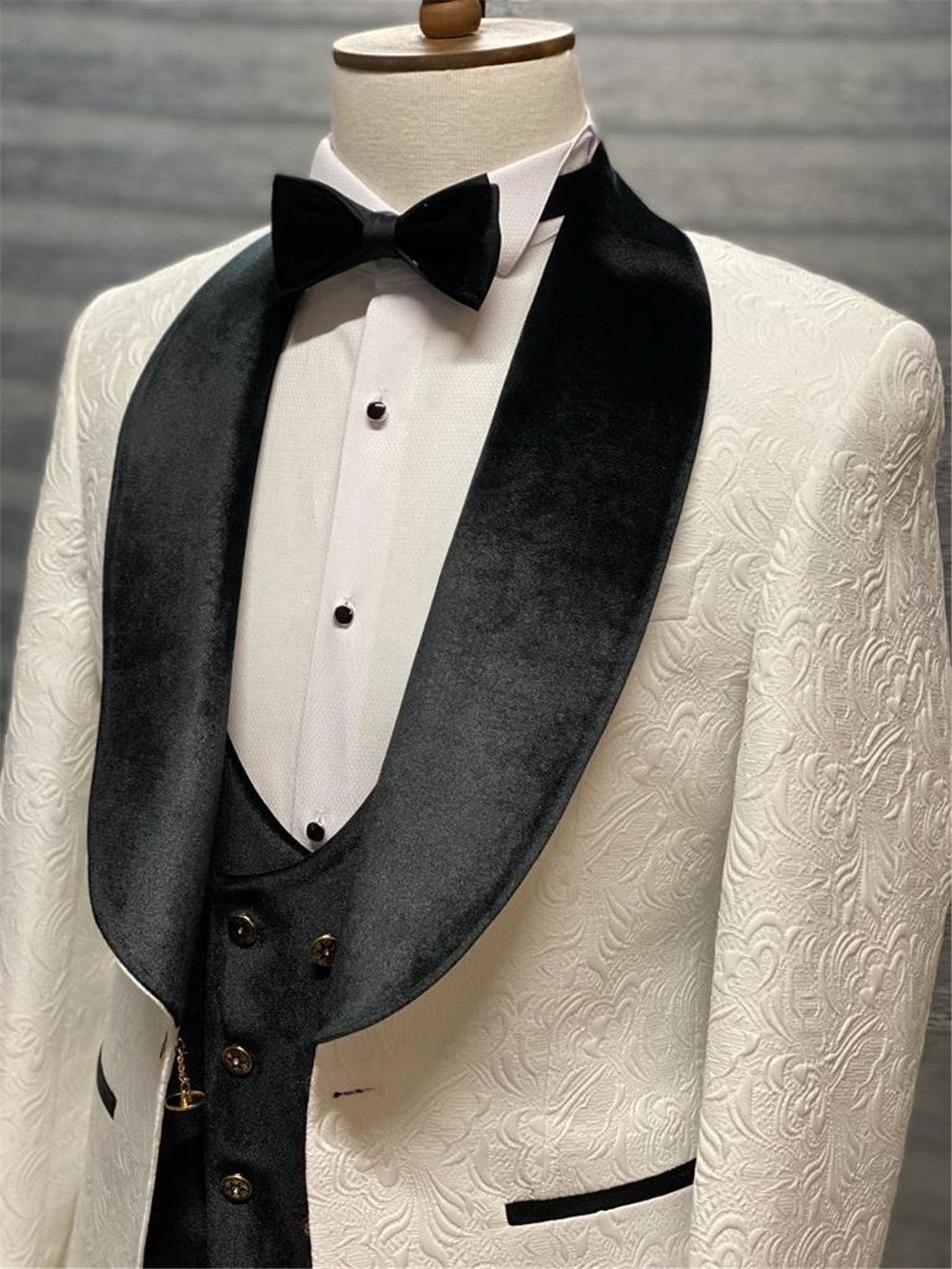 Men 3 Piece White Jacquard Printed Fabric Velvet Double Breasted Vest Custom Wedding Suits
