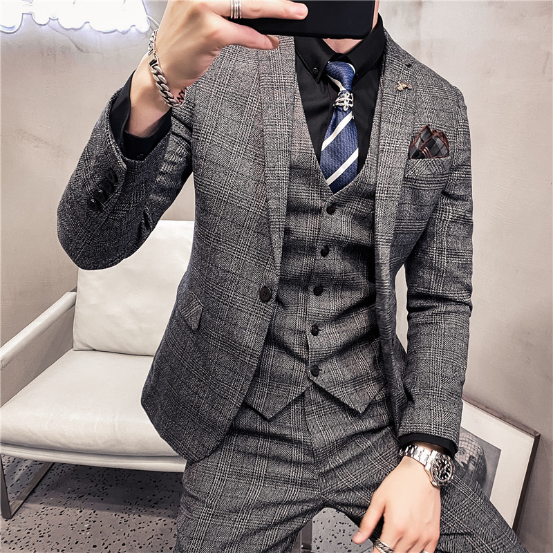 Fashion Mens Plaid Casual Business Suit High-end Social Formal Suit 3 Pcs Set Groom Wedding ( Jacket