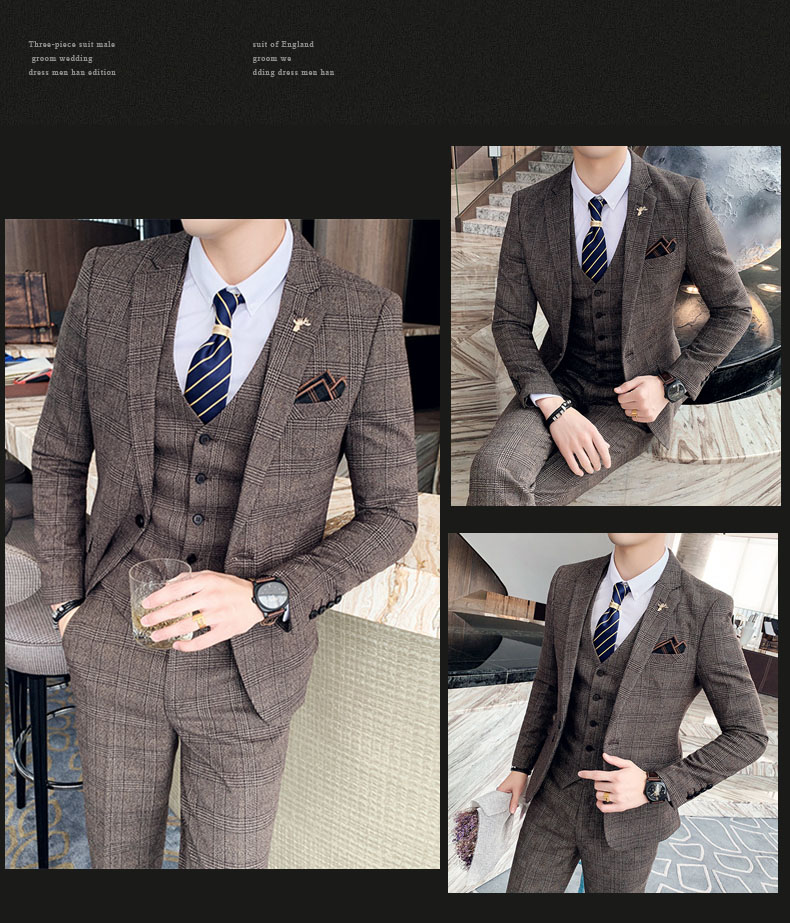 Fashion Mens Plaid Casual Business Suit High-end Social Formal Suit 3 Pcs Set Groom Wedding ( Jacket
