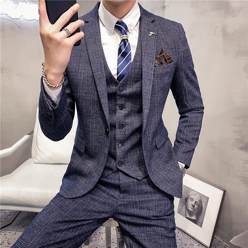 Fashion Mens Plaid Casual Business Suit High-end Social Formal Suit 3 Pcs Set Groom Wedding ( Jacket