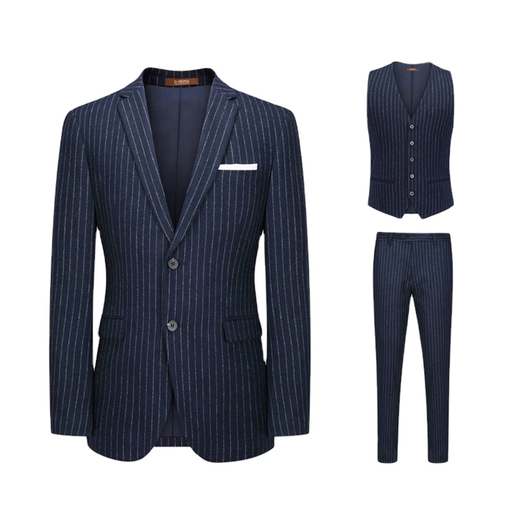 2022 Men Striped Single Breasted Casual Blazers 3 Piece Dark Blue Formal Business Suits