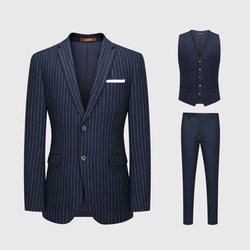 2022 Men Striped Single Breasted Casual Blazers 3 Piece Dark Blue Formal Business Suits