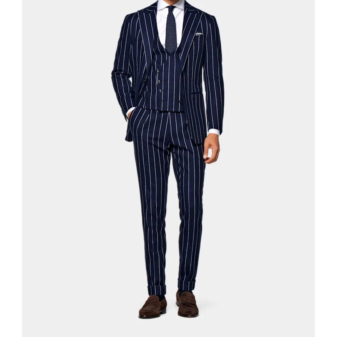 Awesome And Stylish Mid Blue Stripe Havana Suit Soft Wool Cashmere Blend Wedding Wear Men's Suit Coa