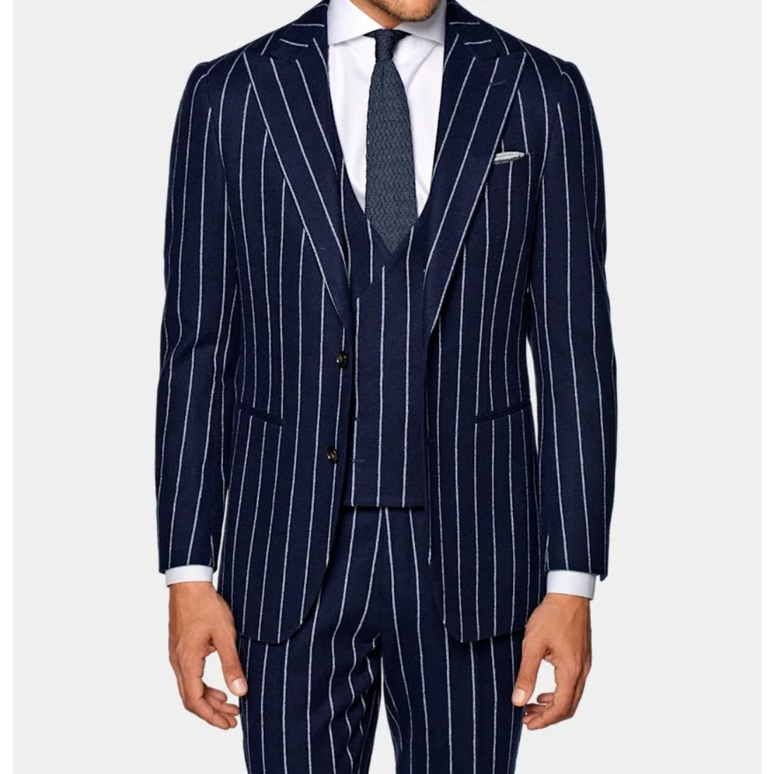 Awesome And Stylish Mid Blue Stripe Havana Suit Soft Wool Cashmere Blend Wedding Wear Men's Suit Coa