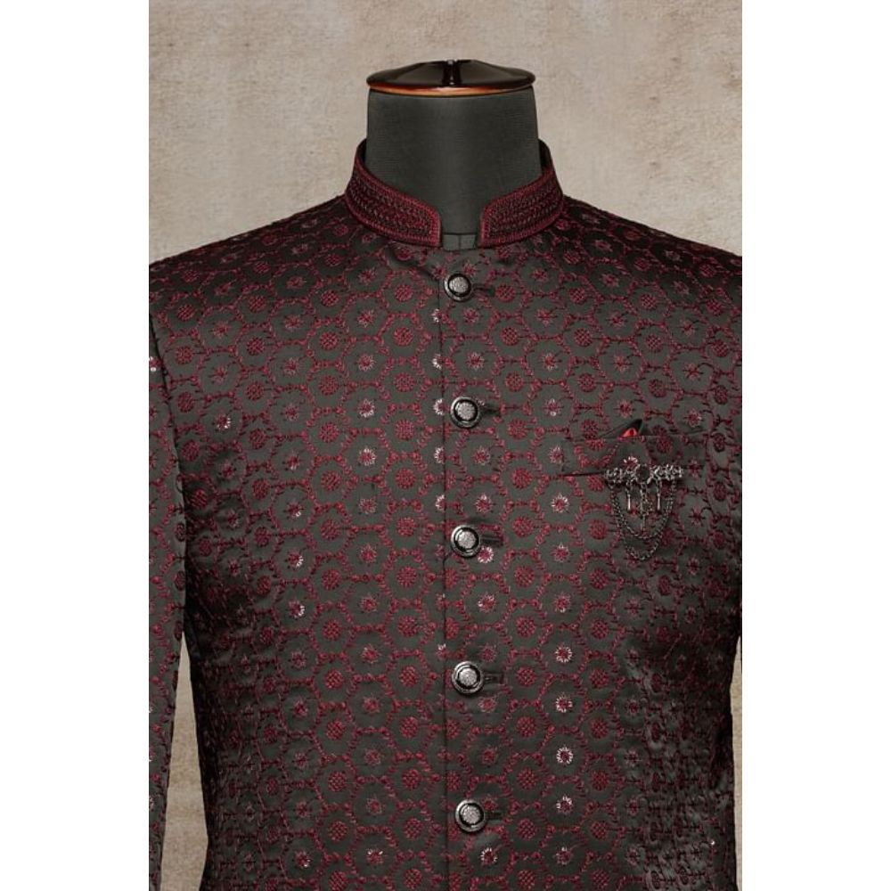 Trim Tailoring Stylish 2021 for Men's Black Resham Embroidered Silk Jodhpuri Suit Indo Western Men's