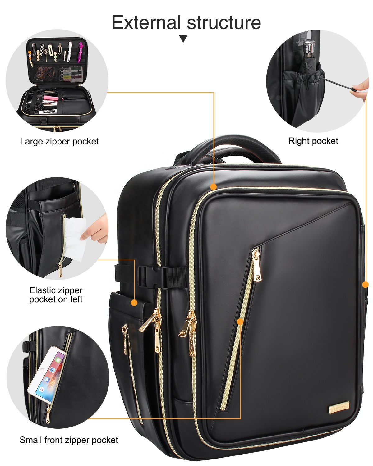 Relavel Professional Makeup Backpack Extra Large Leather Cosmetic bag Black Makeup Organizer for Cos