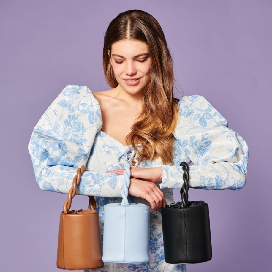 Light Blue Coulisse Cotton Lining Nappa 2022 Handmade Italian Bucket Fashion Handbags For Girls Leat