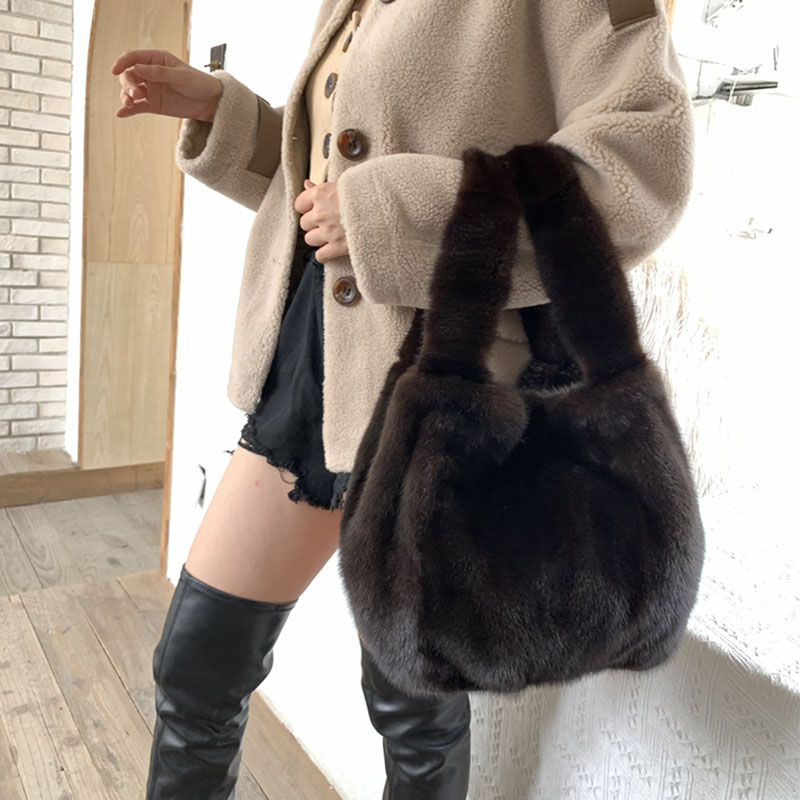 High Quality Women Real Mink Fur Handbag Ladies Furry Tote Bag