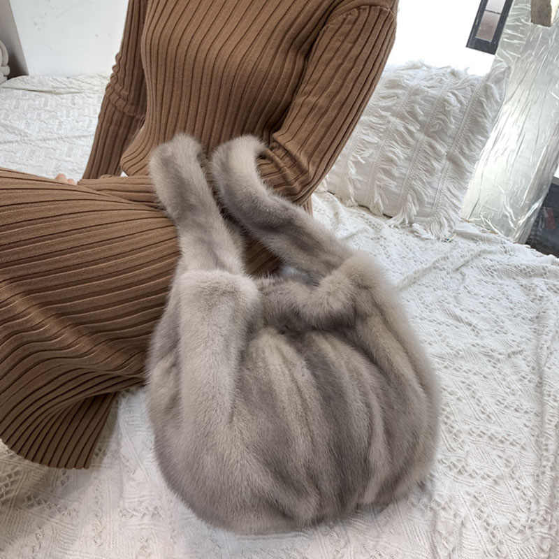 High Quality Women Real Mink Fur Handbag Ladies Furry Tote Bag