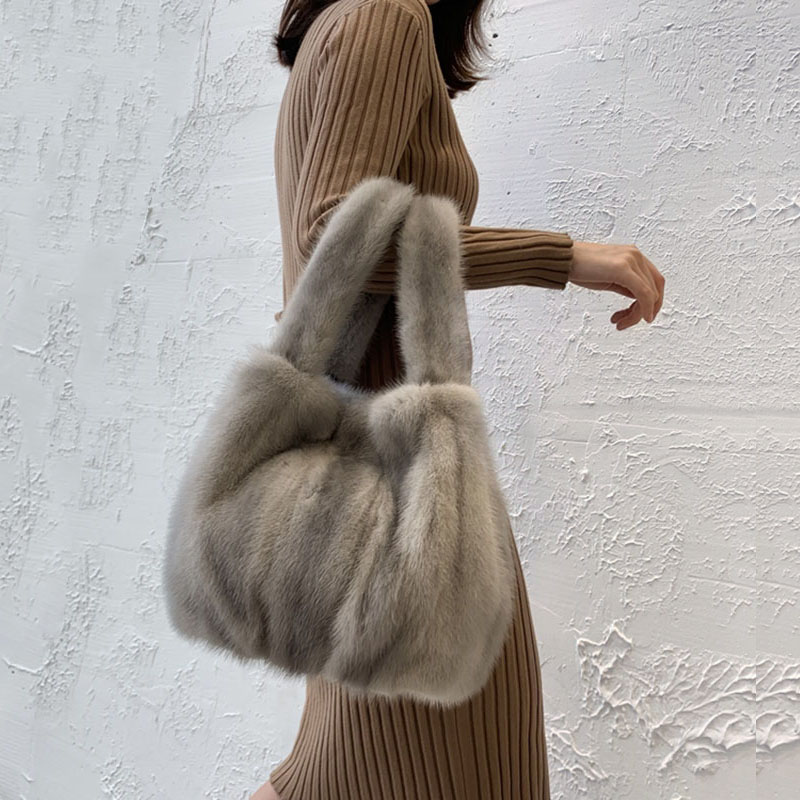 High Quality Women Real Mink Fur Handbag Ladies Furry Tote Bag