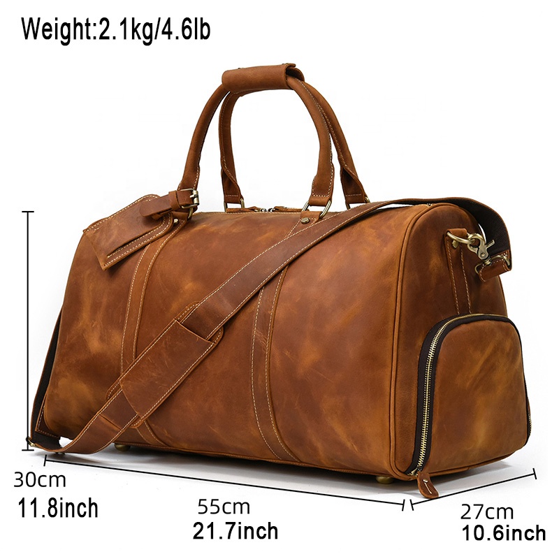 Men Leather Duffle Bag Large Crazy Horse Leather Travel Bag With Shoe Compartment