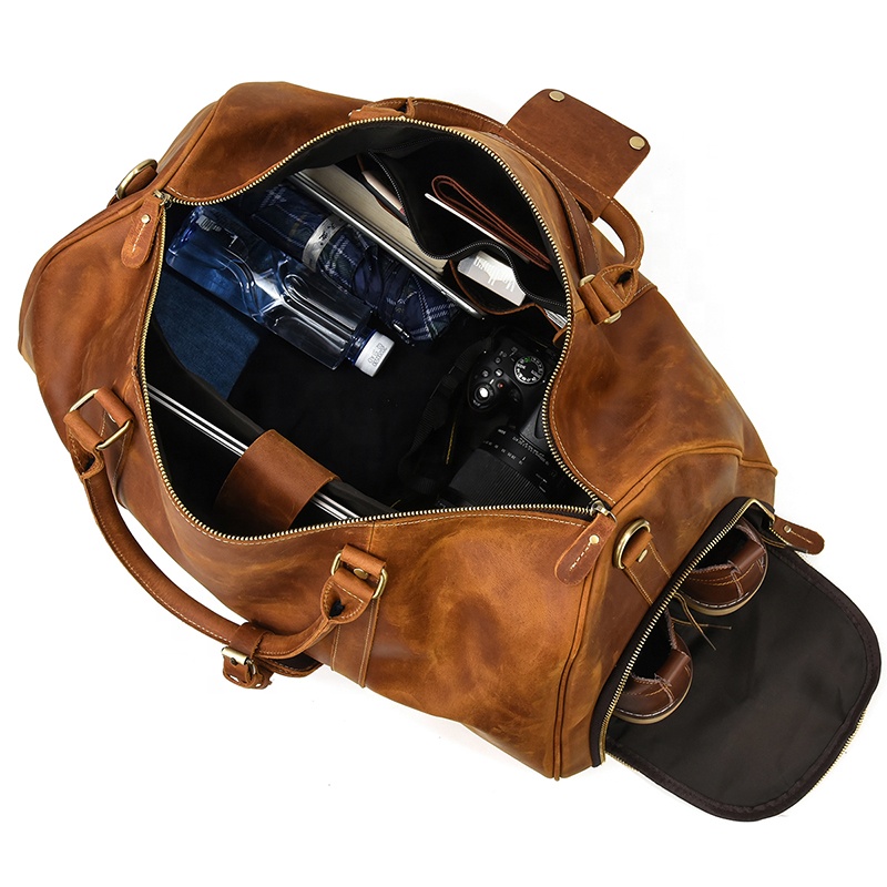 Men Leather Duffle Bag Large Crazy Horse Leather Travel Bag With Shoe Compartment
