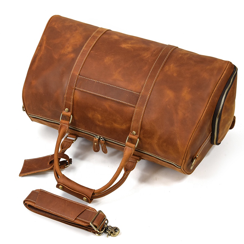 Men Leather Duffle Bag Large Crazy Horse Leather Travel Bag With Shoe Compartment