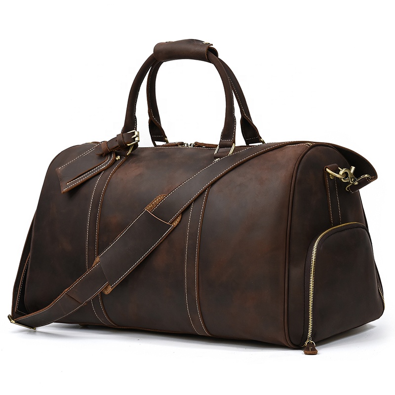Men Leather Duffle Bag Large Crazy Horse Leather Travel Bag With Shoe Compartment