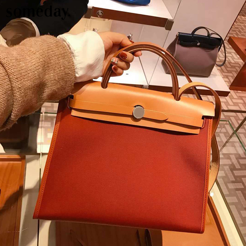 Fashion Handbag Canvas Bag Women's Portable Platinum Cowhide Shoulder  Ladies Big
