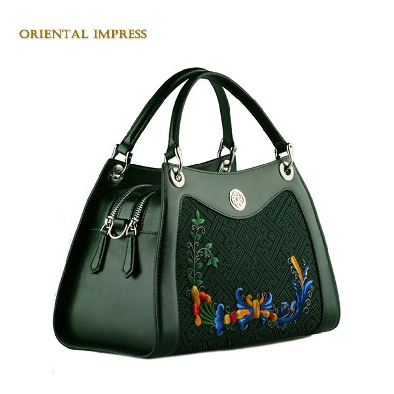 Hand-made embroidered ladies handbag trapezoid genuine leather bag