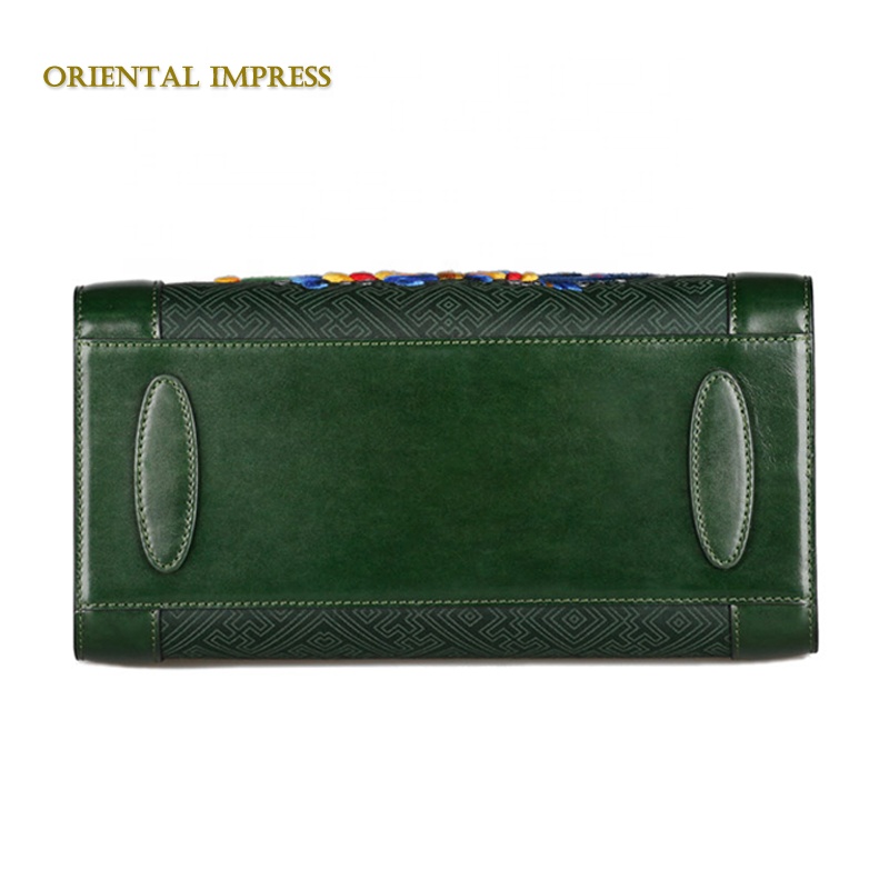 Hand-made embroidered ladies handbag trapezoid genuine leather bag