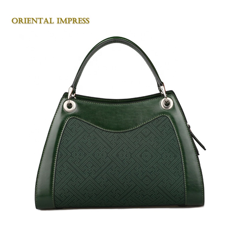Hand-made embroidered ladies handbag trapezoid genuine leather bag