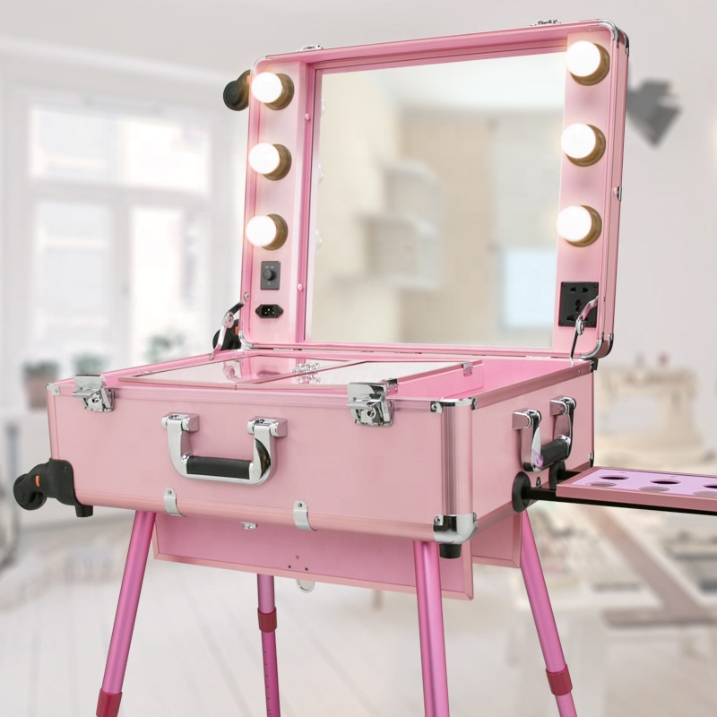 Professional factory detachable stand pink aluminum portable travel vanity cases LED dimming mirror 