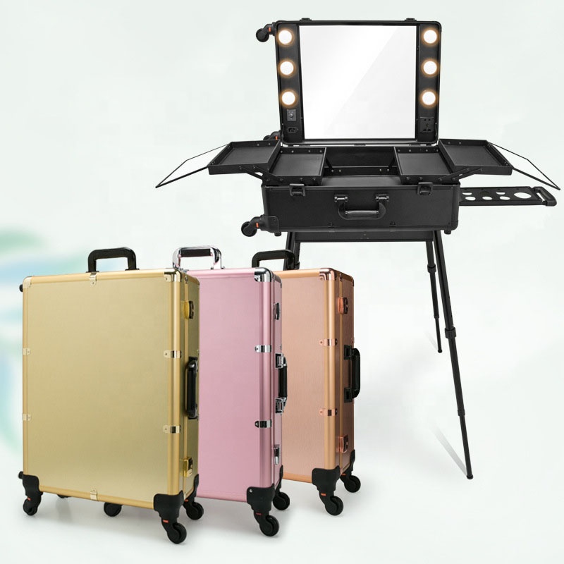 Professional factory detachable stand pink aluminum portable travel vanity cases LED dimming mirror 
