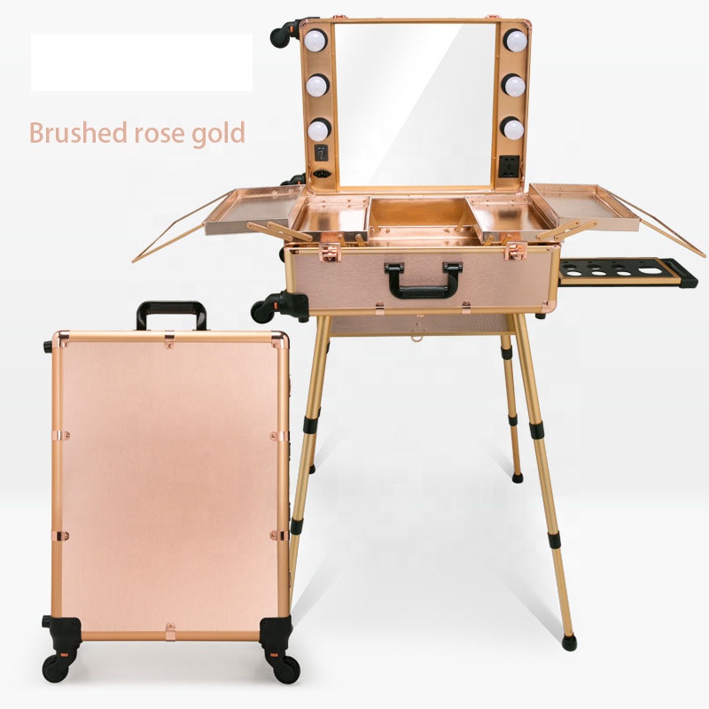 Professional factory detachable stand pink aluminum portable travel vanity cases LED dimming mirror 