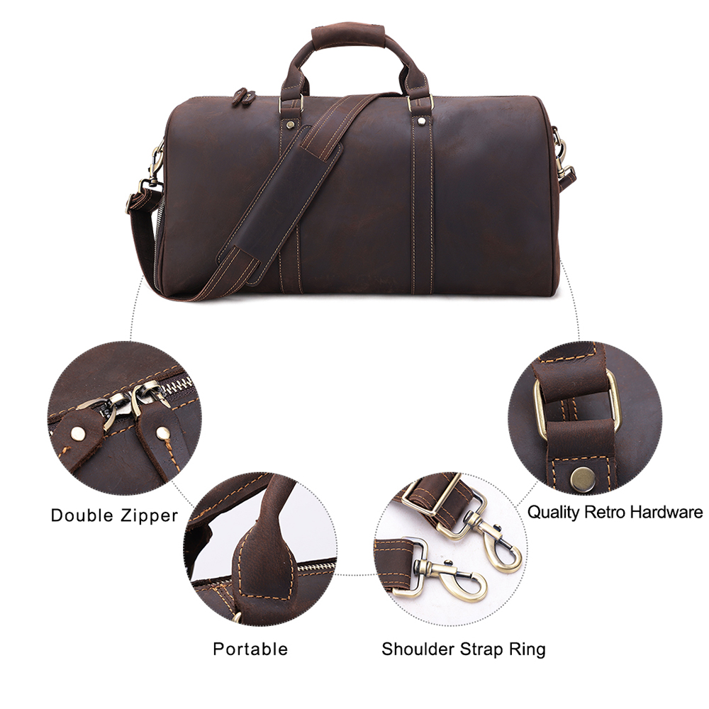 Custom Vintage Leather Men Travel Bag Weekender Overnight Duffle Luggage Bag Large Capacity Crazy Ho
