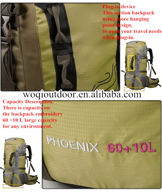 Woqi Mountaintop bag,60+10L Hiking outdoor camping Mountaineering Backpack bag with Rain Cover