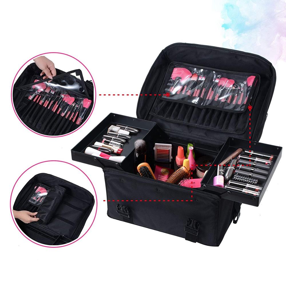 Rolling Makeup Bag Trolley 2 in 1 Travel Cosmetic Train Cases on Wheels Nylon Black Bags for Profess