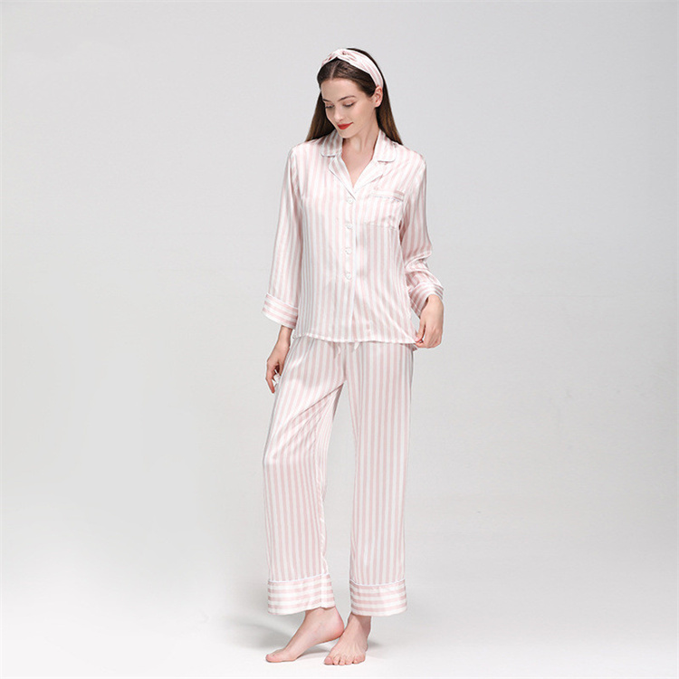 TSK-TS8E025  19MM stripe silk pajamas women sleepwear lady pajamas luxury clothing women silk home c