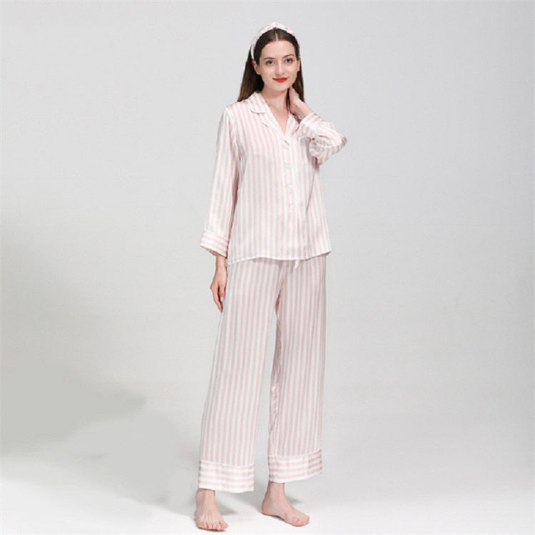 TSK-TS8E025  19MM stripe silk pajamas women sleepwear lady pajamas luxury clothing women silk home c