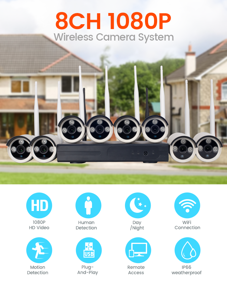 Outdoor night vision surveillance cctv camera set 4ch 8ch IP WIFI nvr kit 4 8 channel 1080P home wir