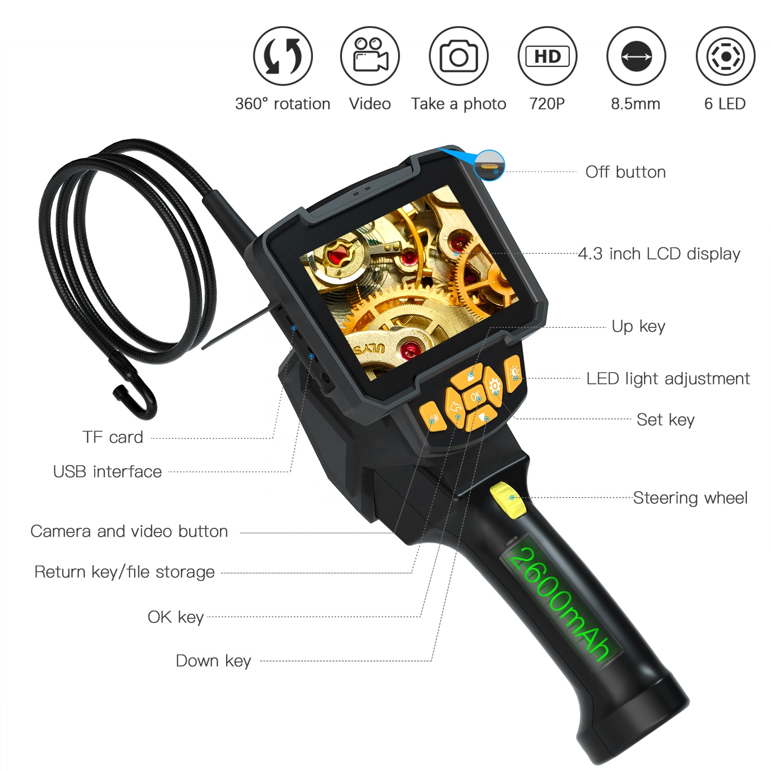 360 degree rotation 1MP 0.8M hard cable 4'3inch LCD screen articulating endoscope camera industrial 
