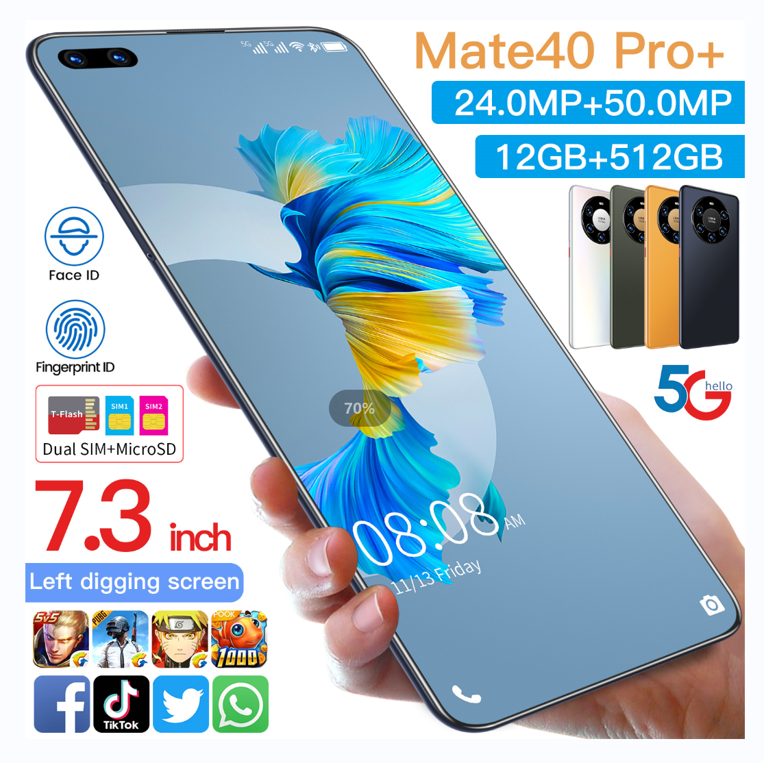 Hot Selling Mate 40 Pro+ 12GB+512GB 7.3 Inch full Display Android 10.0 Mobile Cell Smart phone