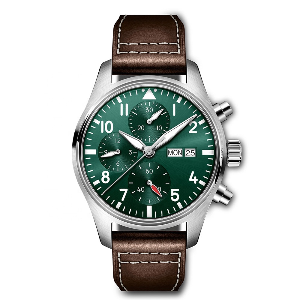 High Quality Pilot Watch See-through Back Men Mechanical Leather Band Automatic Chronograph Watch
