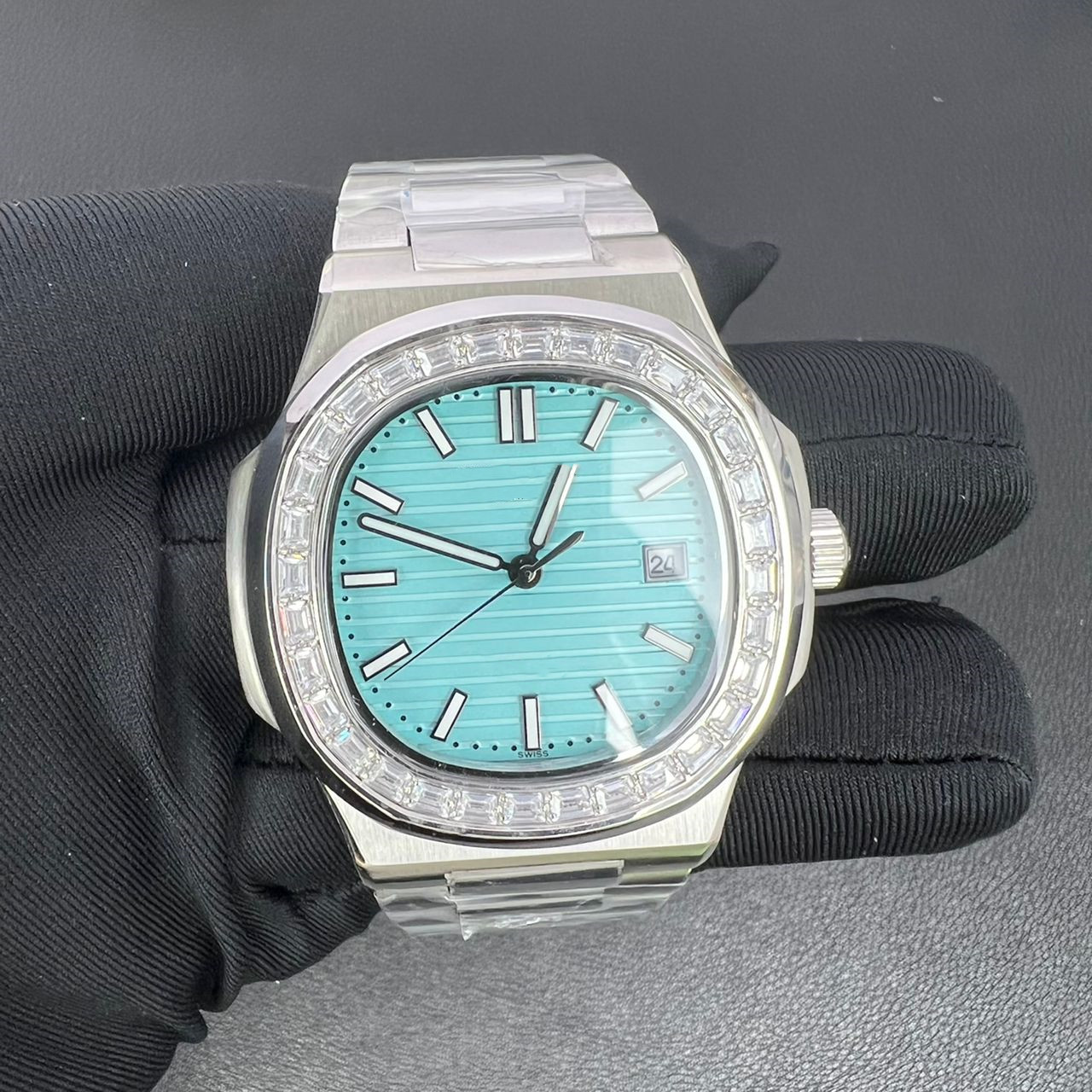 4a Hollow out Luxury Men's Light Blue Fashion Hollow out Fully Automatic Mechanical Watch Square Wat