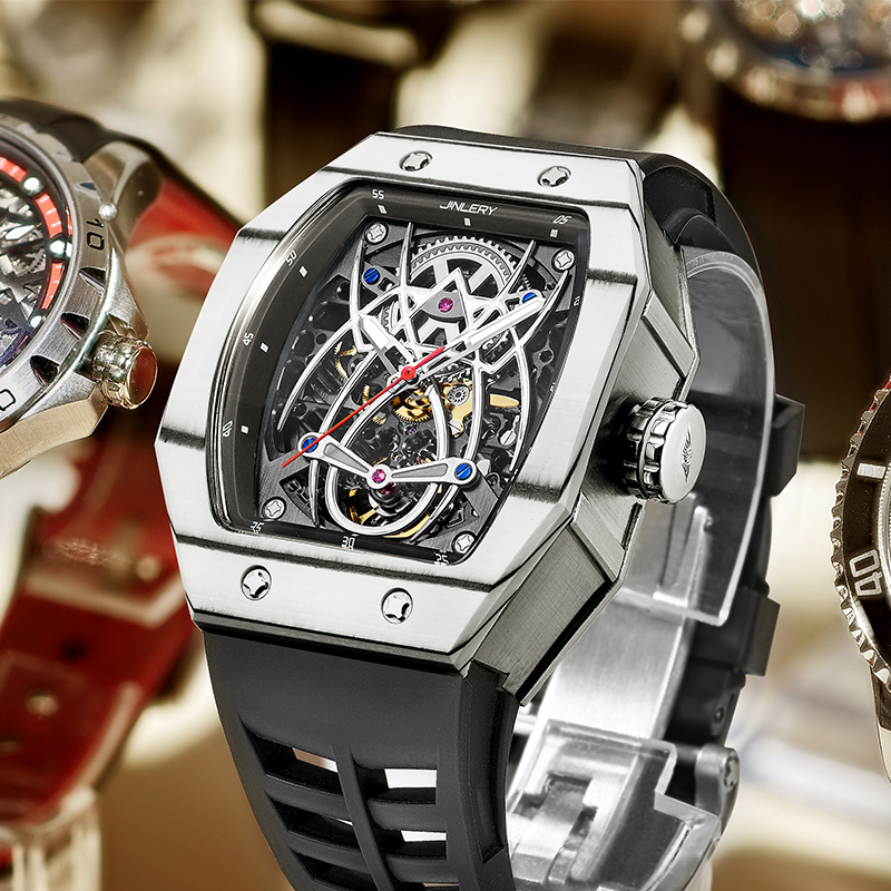 JINLERY Mechanical Watch Richard Wine Barrel Carbon Fiber Spider King Fluorescent Luminous Mechanica