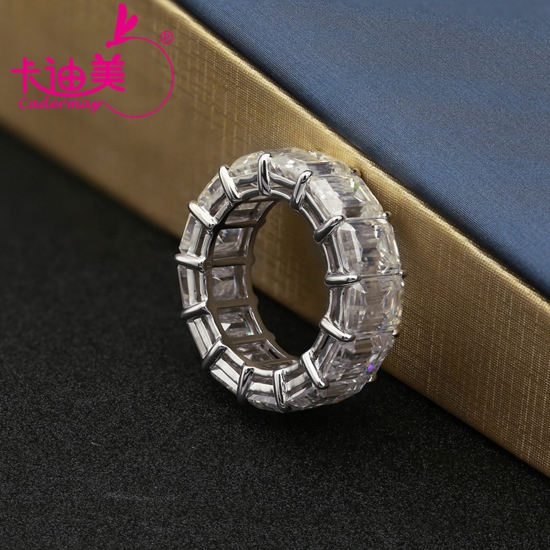Cadermay Hip Hop Jewelry 14K Solid White Gold Luxury Ring 6x8mm Emerald Cut Moissanite Full Eternity