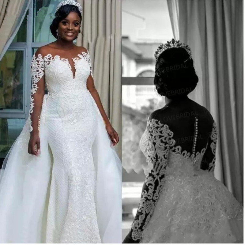 2021 New Luxury Long Sleeve Ball Gown Illusion Top Pearl Beaded Lace  Gown Vestido De Noiva wedding 