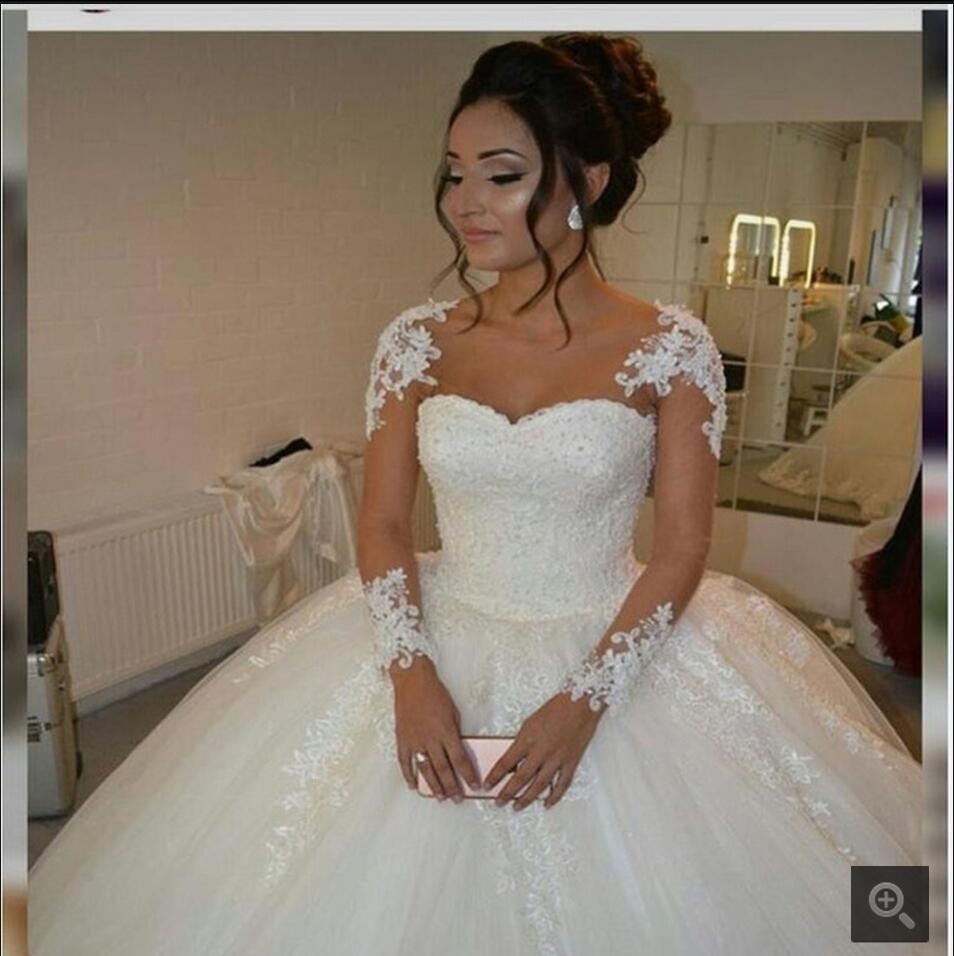 Muslim appliqued beaded lace Puffy ball gown cheap customized white ivory long sleeve wedding dress 