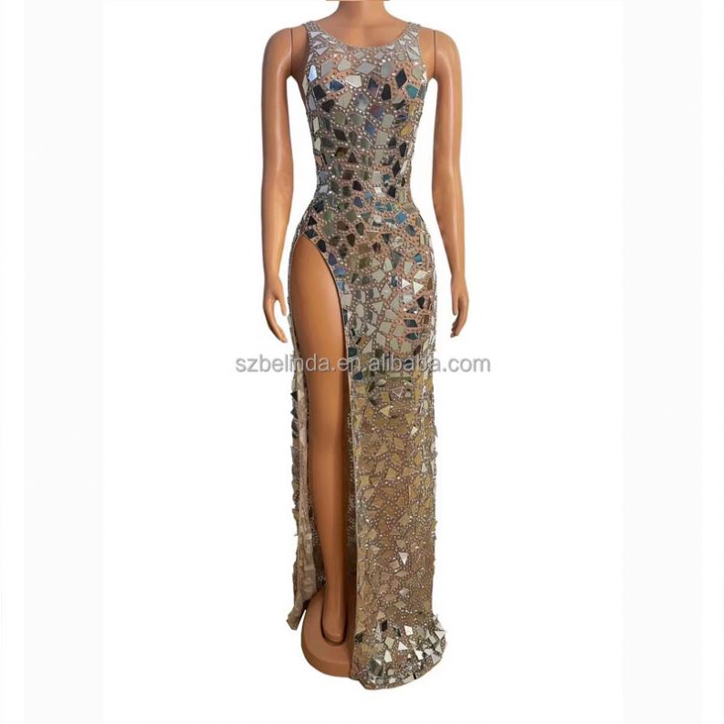 Sparkly Mirror Rhinestone Transparent Split Long Dress Evening Wedding Celebrate Costume Women Birth
