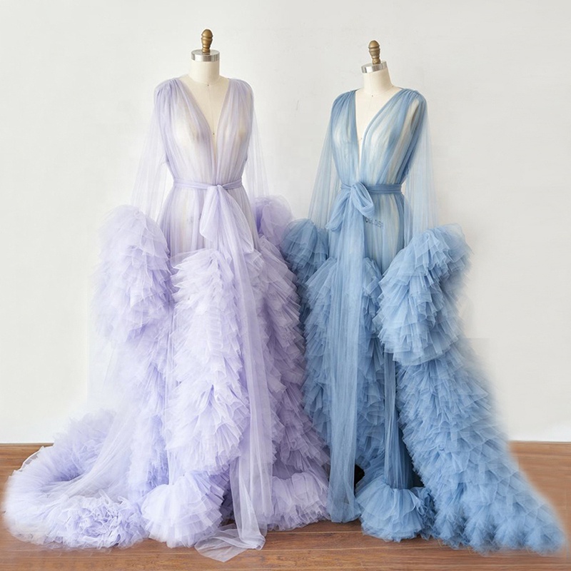 Sexy Blue Maxi Long Pregnancy Photoshoot Woman Photography Pregnant Clothing Tulle Ruffle Maternity 