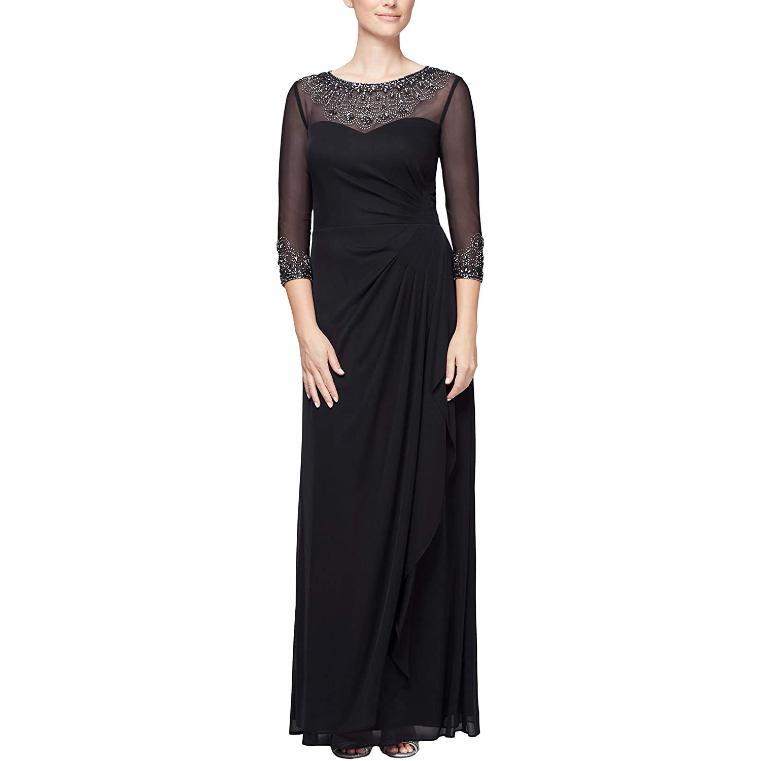 Women O Neck Mesh Pleated Lace Long Dress Wedding Party Evening Bridesmaid Maxi Dresses