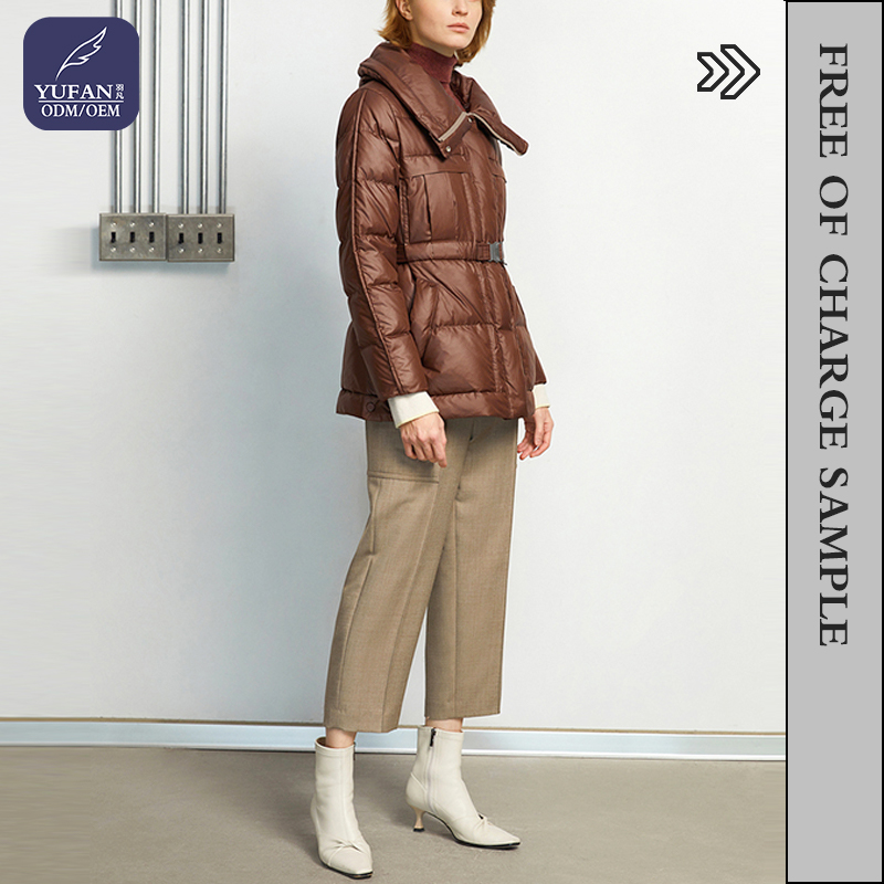 YuFan Winter Outdoors Wear Down Hooded Jacket Woman Bubble Coat Adjustable Waist Sashes Slim Women J