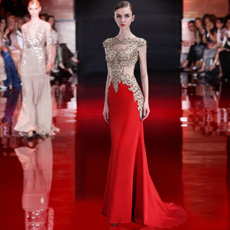 Red elegant Sheer back Long Satin perspective Prom Dress 2021 sexy evening dress Satin Mermaid Prom 