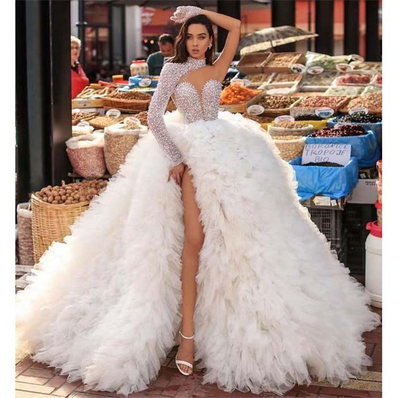 High Neck Beading One Shoulder Puffy Mesh Luxury Clothes Woman Evening Dress