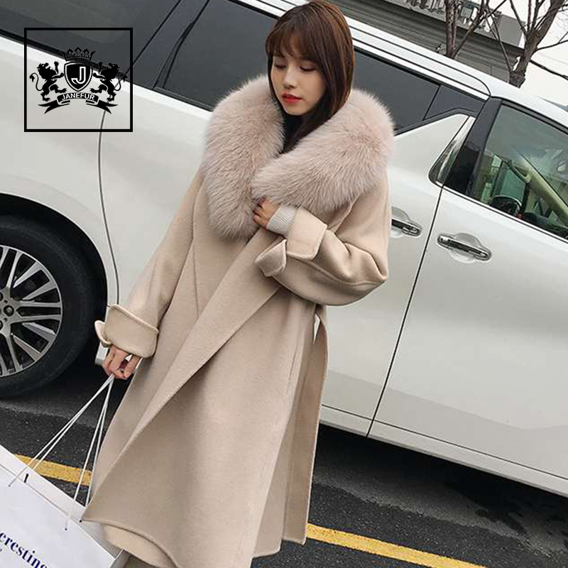 Winter Women Clothes Double Breasted Big Fur Collar Cashmere Wool Coat with Belt
