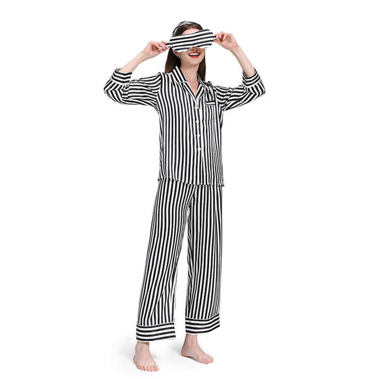 TSK-TS8E025  19MM stripe silk pajamas women sleepwear lady pajamas luxury clothing women silk home c