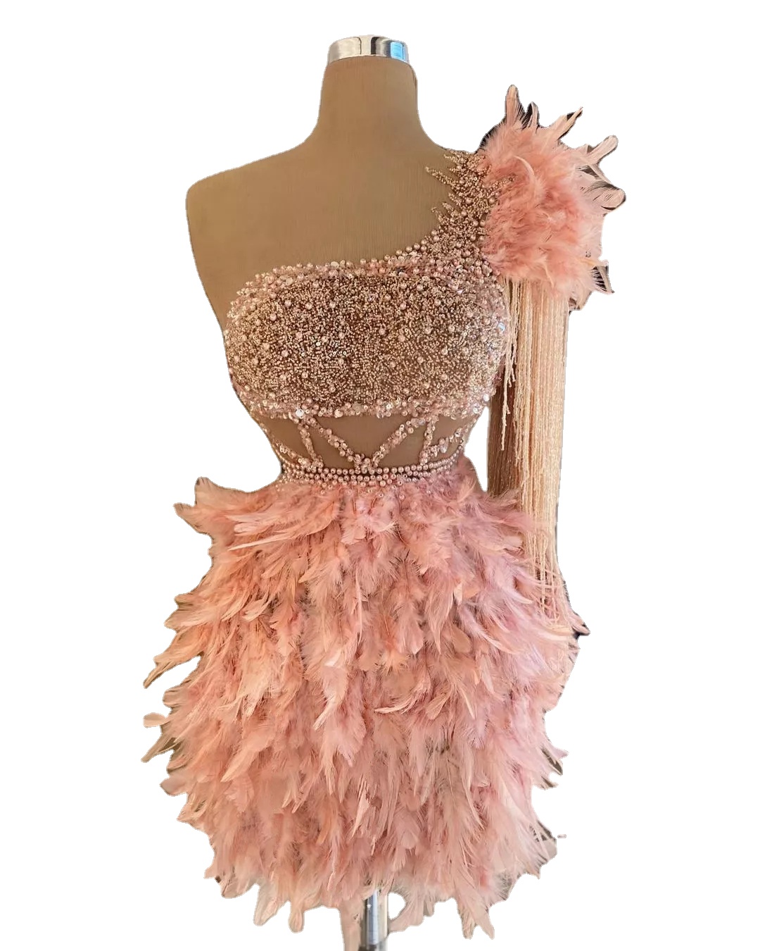 One Shoulder Short Party Dress with Feather Luxury Sexy Beading Sparkling