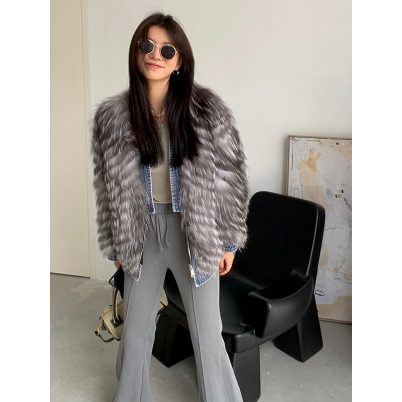 Fur Coat Women's Winter Fashion Denim Stitching Real  Fox Fur Single Breasted Braided Jacket Women F